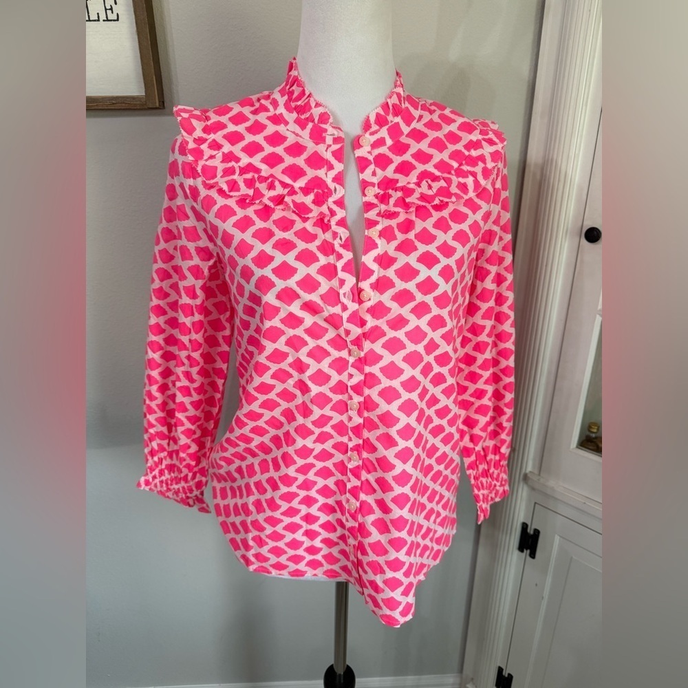 Vineyard Vines Pink & White Shell Print Cotton Button-Up Long Sleeve Shirt